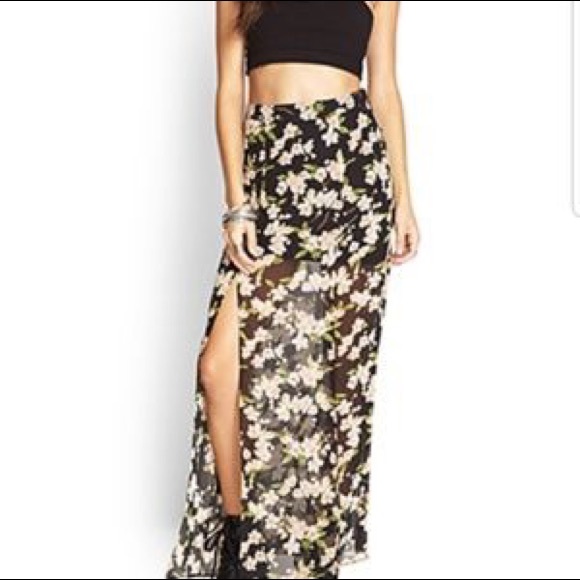 Forever 21 long floral skirt side slit black pink - Picture 1 of 4
